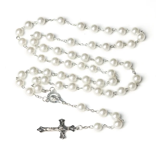 Catholic Cross Rosary Necklace Imitation Pearl 8MM Beads Easter Christian Sacrifice Gifts Church Prayer Jewelry Wholesal