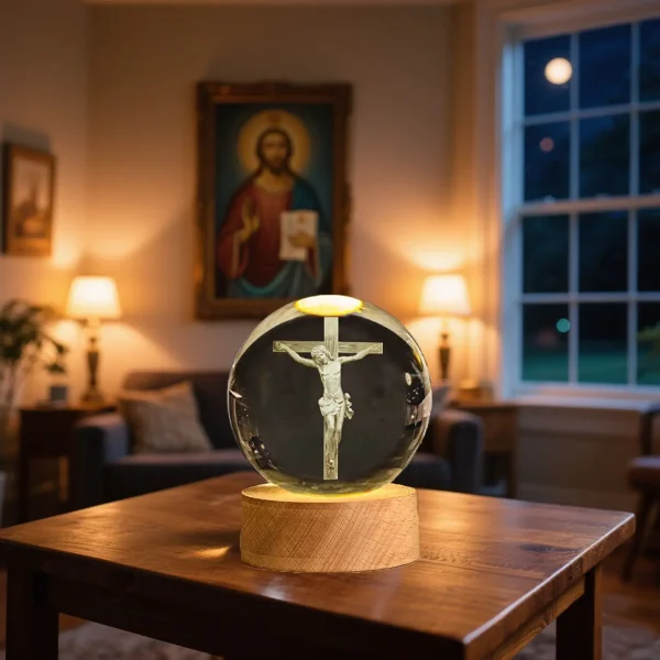 Catholic Cross Crafts Religious K9 Crystal Ball Tabletop Ornament Decoration Bedroom Light Gifts Wedding Gifts Christmas