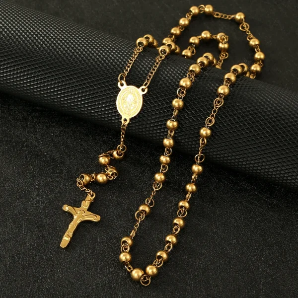 Wholesale Stainless Steel Rosary Retro Niche Personality Premium Oval Necklace Tassel Cross Pendant Catholic Prayer Bead