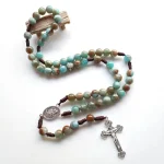 New Catholic Rosary Necklace with Natural Stone Beads and Cross Knotted Cord for Prayer Gift Mainly Made of Alloy
