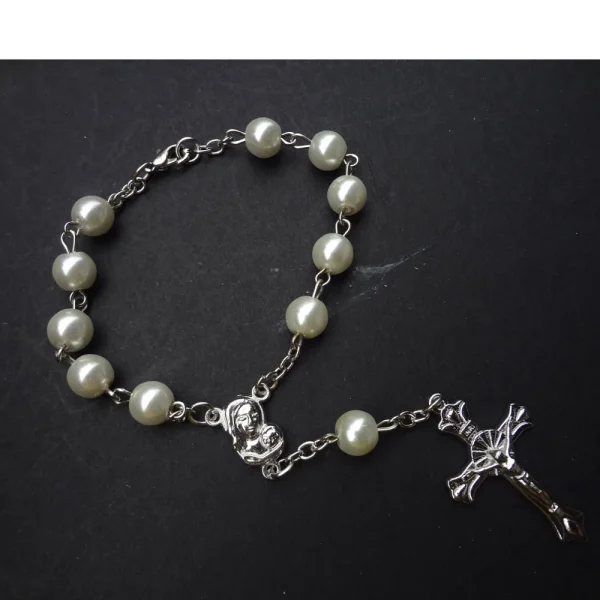 Wholesales Christian Jewelry Plastic Round Peal Glass Beads Rosary Crucifix Virgin Mary Pendant Rosary Bracelet