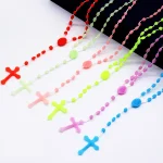 Cheap Multicolor Religious Jesus Plastic Rosary Easter Cross Luminous Necklace Christian Catholic Prayer Beads Gift