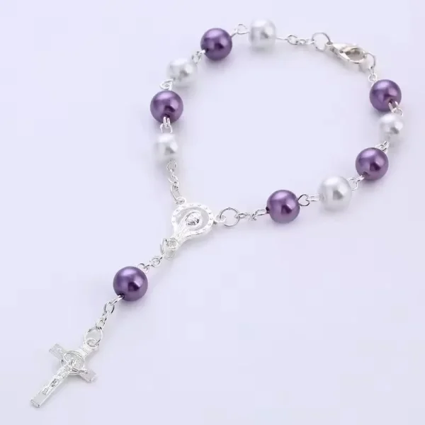 Colorful Pearl Rosary Cross Bracelet Handmade Beaded Religious Jewelry Anniversary Gift Mainly Made of Zinc Alloy