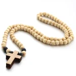Mecrt Fashion Wood Beaded Rosary Necklace 8mm Wooden Beads Necklace with Cross Pendant Religious Necklaces - Image 4