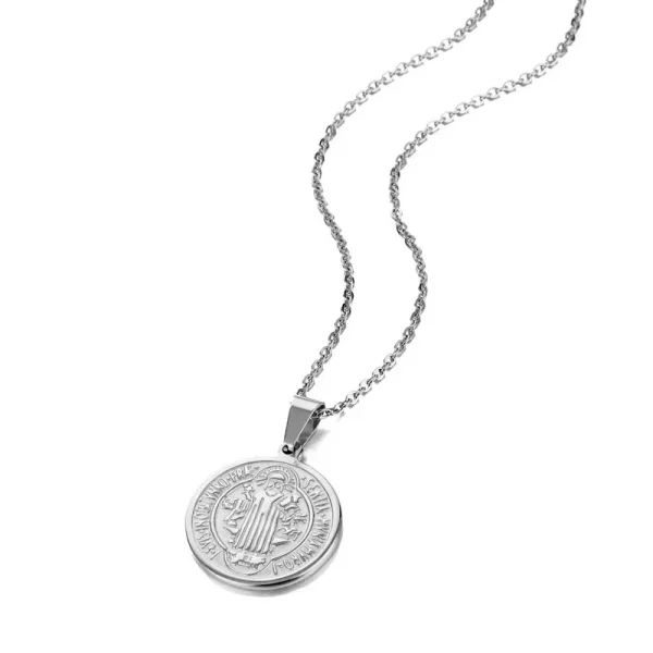 St. Benedict Stainless Steel Beaded Cross Design Coin Necklace Religious Catholic Jewelry Gift