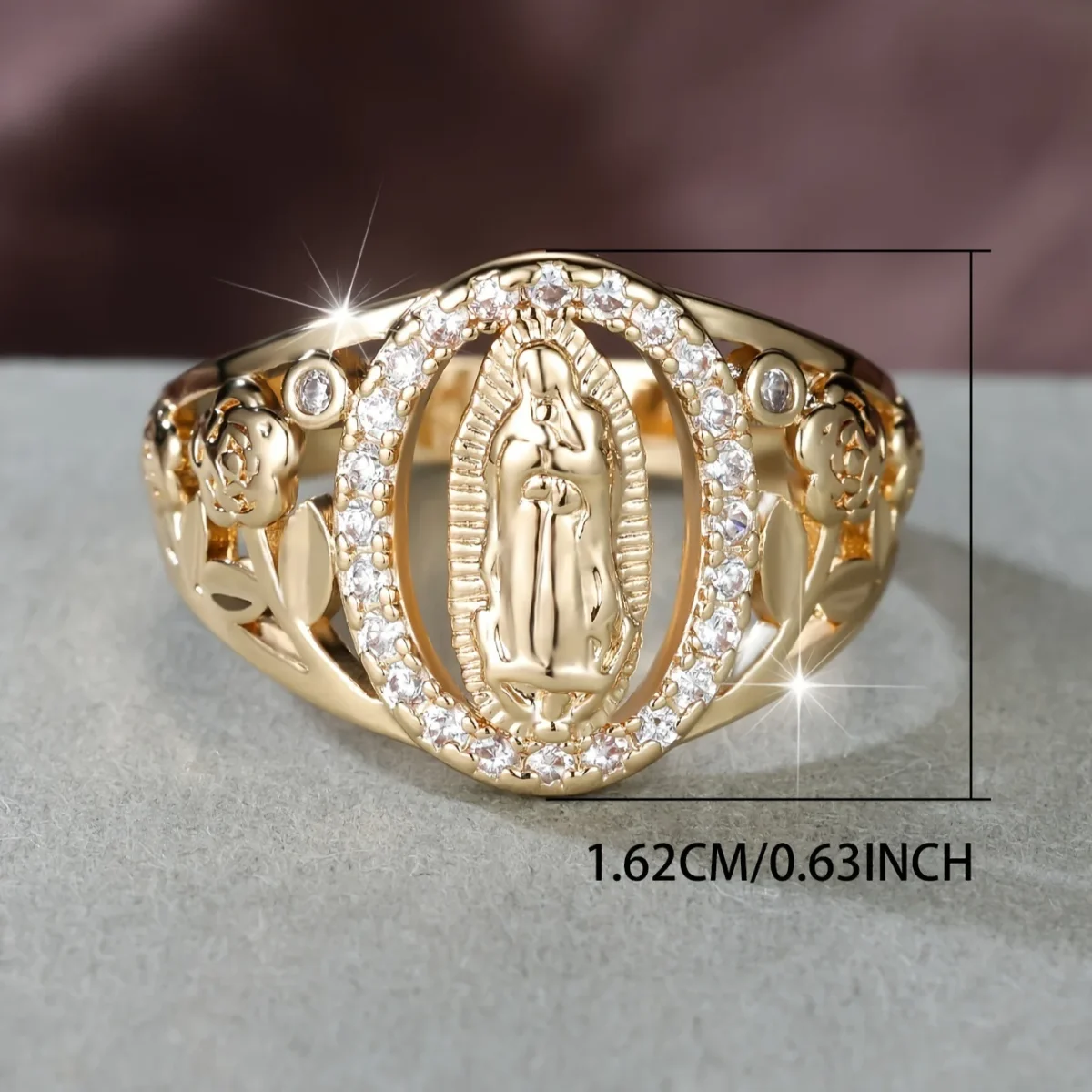 Catholic Notre Dame Handicraft Diamond Ring Copper Gold Plated Hollow Jewelry Fashion Ring Jewelry Women's High Sense - Image 2