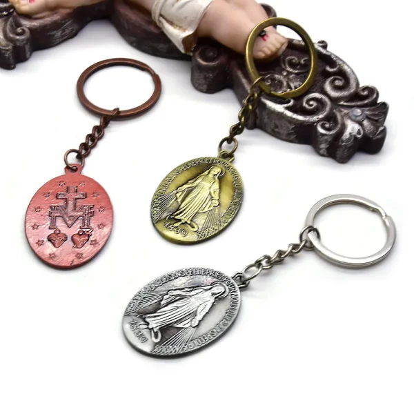 Mecrt 2024 New 3*4.4CM Virgin Mary Pendant Metal Keychain with Virgin Mary Keyring OUR MARIE Keychains
