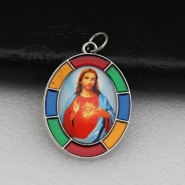 Colored Oval Photo Religious Pendant Natural Stone Alloy Catholic Jewelry Accessories Hanging Decoration Badge Our Lady 