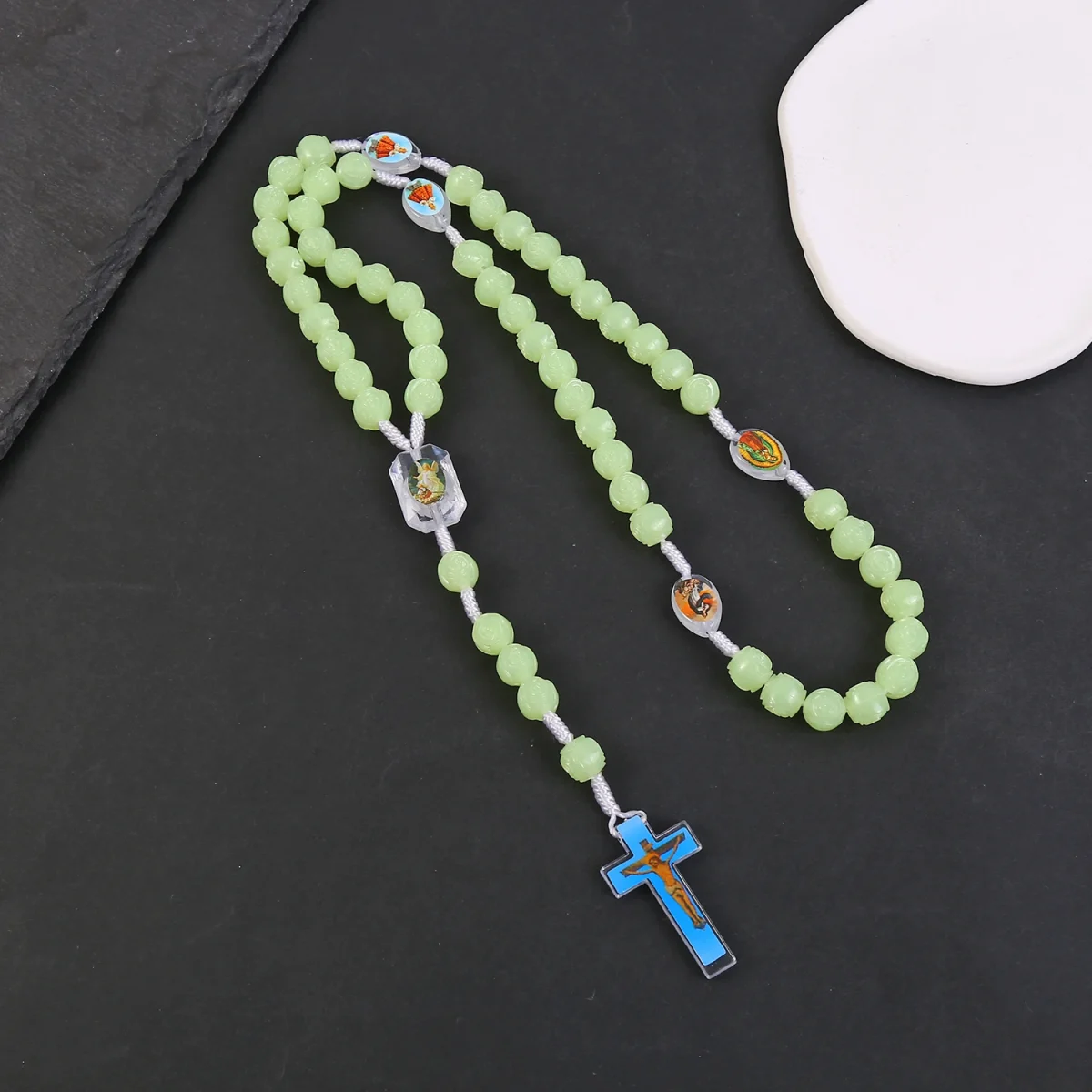 Catholic Rosary Necklace Luminous 10mm Glowing Prayer Pendant Rose Plastic Beads Jesus Icon Christian Jewelry for Easter Gifts - Image 3