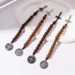 Cross-border Temu Alloy Cross Saint Benedict Medal Prayer Pocket Beaded Bracelets Catholicism Brown Wooden Beads - Image 2