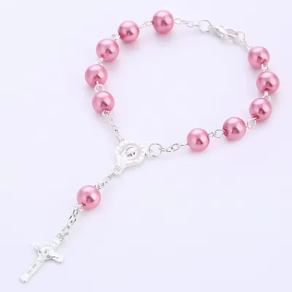 Colorful Pearl Rosary Cross Bracelet Handmade Beaded Religious Jewelry Anniversary Gift Mainly Made of Zinc Alloy