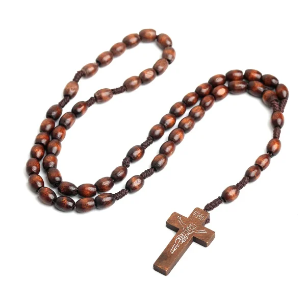 Catholic Prayer Beads Christian Rosary Elliptical Wooden Oval Beads Prayer Crosses Jesus Church Jewelry Easter Gifts Who