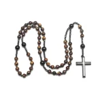 Mecrt Religious Black Onyx African Turquoise Hematite Tiger Eye Stone Pray Beads Blessing Christian Cross Necklace - Image 5
