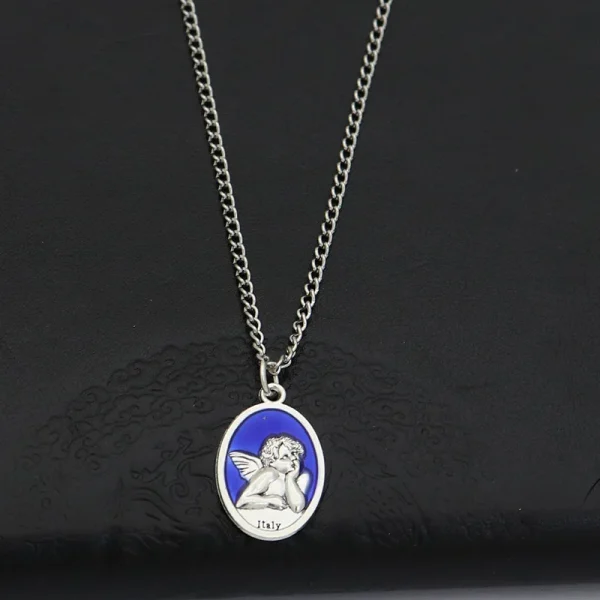 Mecrt Catholic Angel Pendant Blue and Red Vintage DIY Religious Metal Necklace Enamel Color Crafts Religious