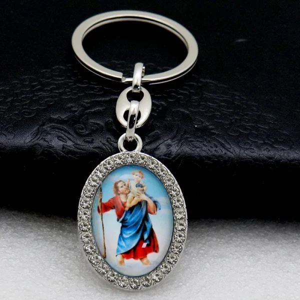 Catholic Theme Alloy Handmade Commemorative Cartoon Photo Frame Oval Micro-Inlaid Jewelry Keychain Pendant