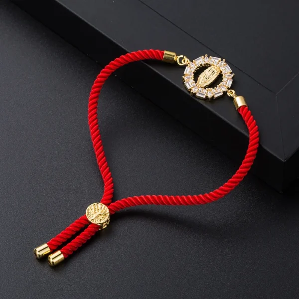 Mecrt 18K Gold-Plated Zircon CZ Statue Virgin Mary Pendant Red Rope Beaded Bracelet with Adjustable Hand Strap Fashion A