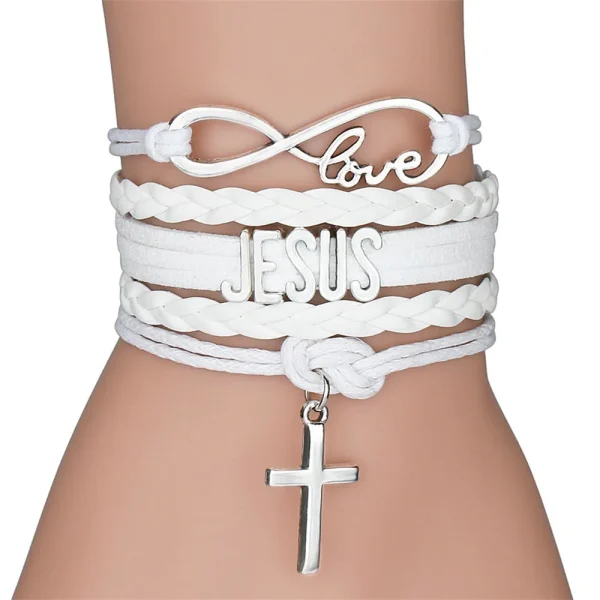 Mecrt Classic Alloy Bracelet and Cross Jesus Catholic Woven Bracelet Religious Gift Jewelry Colorful Leather Bracelet Wh
