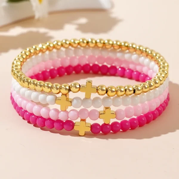 Fashion Bohemian Style Iron Pyrite Acrylic Cross Beaded Elastic Line Round Women’s Gift Bracelet
