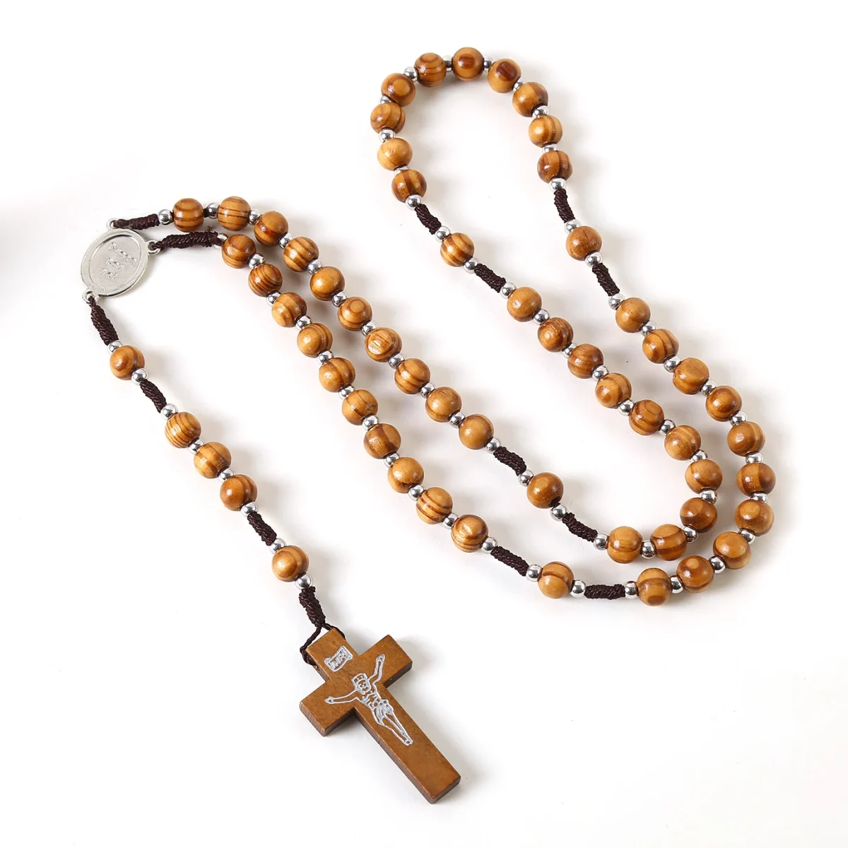 Catholic Rosary Crucifix Cross Pendant Natural Wood Beads 10mm Woven Zinc Alloy Jesus Christian Jewelry Wholesale - Image 2