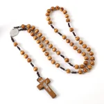 Catholic Rosary Crucifix Cross Pendant Natural Wood Beads 10mm Woven Zinc Alloy Jesus Christian Jewelry Wholesale - Image 2