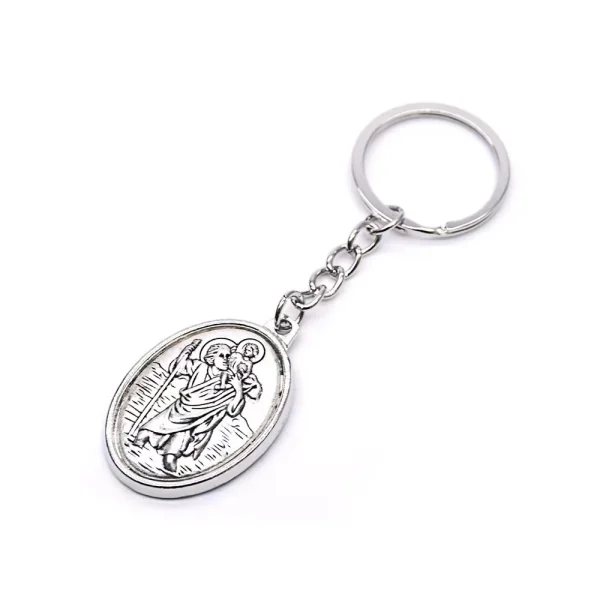 Christ Bearer Keychain Antique Silver Plate Base Medal Keychain with Saint Christopher Inset Premium Metal Keychains