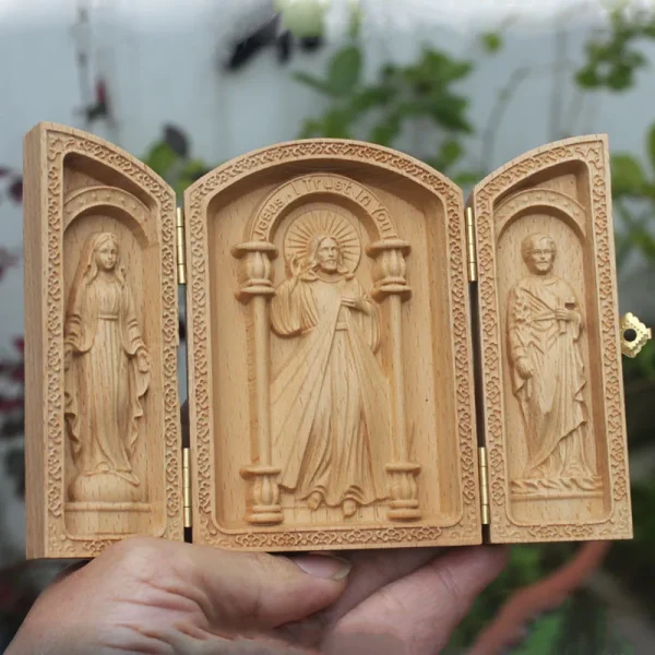 Mecrt Hot Sale Mass Church Liturgical Articles Joseph Holy Family Three Like Beech Flat Three Open Wooden Box Gifts