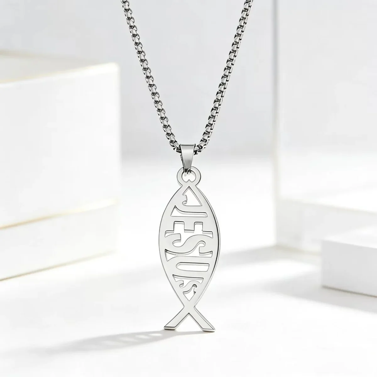 Stainless Steel Bamboo Chain Hip Hop Trendy Unisex Pendant Necklace with Hollow Fish English Letter and Jesus Name - Image 4