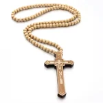 Mecrt Wooden Beaded Necklaces Religious Catholic Wood Bead Rosary Crucifix Cross Pendant Necklace for Men Easter Baptism Gift - Image 5
