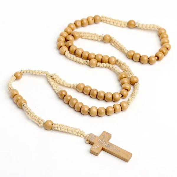 Catholic Rosary Necklace Jesus Cross Pendant Natural Wood Beads Jewelry Religious Exquisite Easter Christian Prayer Bead