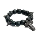 Jesus Christ Black Wooden Beads Elastic Religious Prayer Cross Bracelet Church Rosary Memorare Easter Pentecost Catholic Rituals