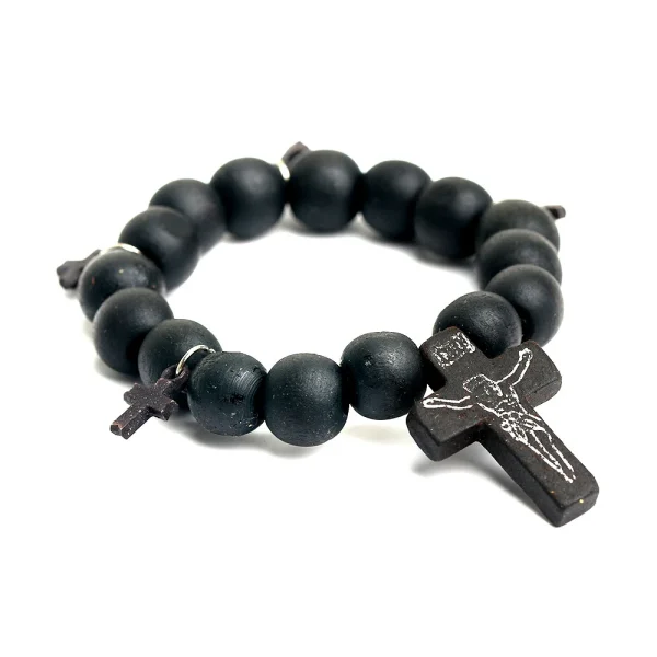 Jesus Christ Black Wooden Beads Elastic Religious Prayer Cross Bracelet Church Rosary Memorare Easter Pentecost Catholic
