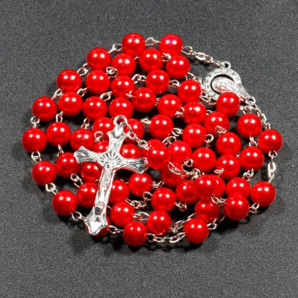 Catholic Rosary Prayer Beads Imitation Pearl Necklace Cross Baptismal Communion Rosary 8mm Christian Jesus Jewelry Churc