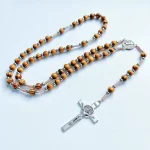 Religious Rosary Necklace Wood Beaded Cross Catholic Prayer BeadJesus and Saint Benedict Pendant Necklace - Image 2