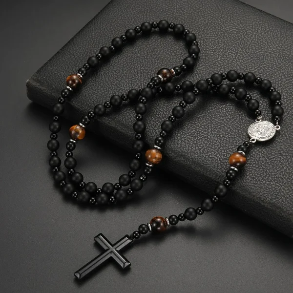 Mecrt Christianity Rosary Men’s Cross-Religious Necklace with Natural Black Volcanic Rock Yellow Tiger Eye Iron St