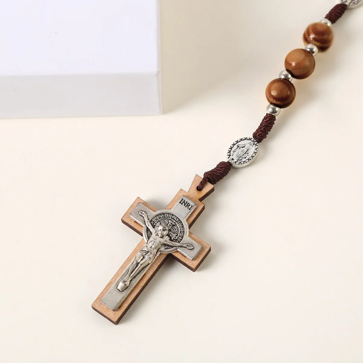 Catholic Rosary Necklace 10mm Beads Prayer Cross Jerusalem Handwoven Cross-Border Wooden Jewelry - Image 3