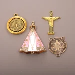 Catholic Gold Round Priest Listing Necklace DIY Zinc Alloy Pendant, Cross Pattern Jewelry Pendant