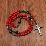 Catholic Rosary Cross Necklace for Men Women Jewelry Christ Meditation Red Beaded Cross Pendant Festival Gift - Image 2