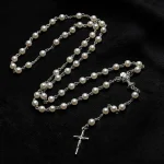White Imitation Pearl Glass Beaded Catholic Rosary Necklace First Communion Rosary Chalice Center Prayer Beads Wholesale - Image 4