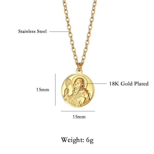 Mecrt Stainless Steel Little Angel Relief Medal Catholic Saint Benedict Fashion Pendant Golden Religious Belief Necklace