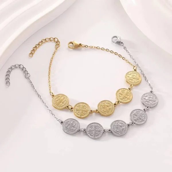 Catholic Jewelry Religious Christian Stainless Steel Bracelet for Men Coin Fashion Gold Plated Cross Beaded Exorcism Bra