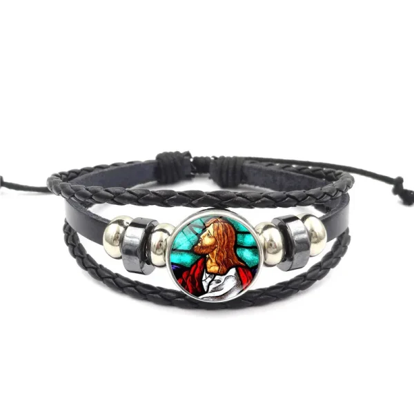 Mecrt Men’s Religious Punk Cuff Bracelets Virgin Mary Medal Beaded Woven Leather Wristband Zodiac Gifts with Cross