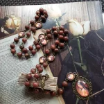 Catholic Religious Red Glass Pearl Rosary Beads Catholic Rosary Necklace With Oval Glasses Photo Pendant - Image 3