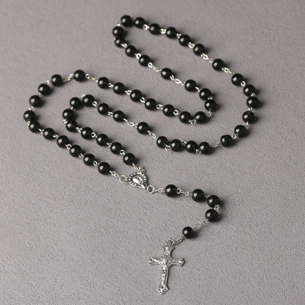 Catholic Vintage Religious Cross Rosary Necklace Gkass Imitation Pearl 8MM Beads Easter Christian Sacrifice Church Gifts