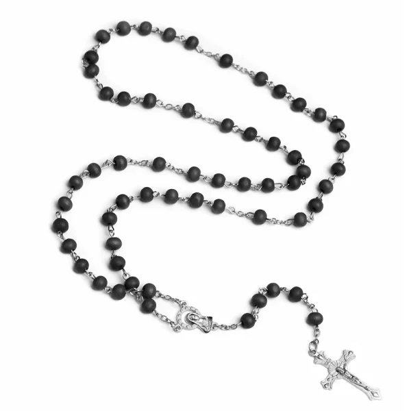 Rose Fragrance Wooden Bead 6mm Holy Cross Pendant Catholic Anniversary Rosary Necklace Silver Cross Maria Center Religio