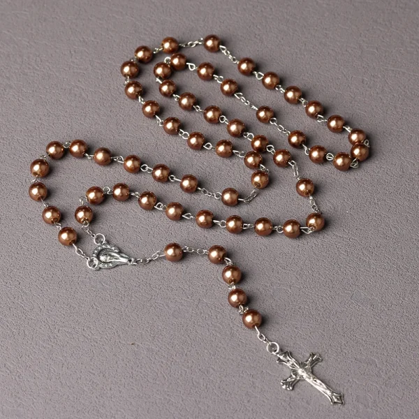 Catholic Vintage Religious Cross Rosary Necklace Gkass Imitation Pearl 8MM Beads Easter Christian Sacrifice Church Gifts