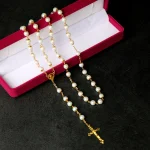 Classic White Glass Beads Rosary Set with Gold Plated Beaded Necklaces for Catholic Gift - Image 2