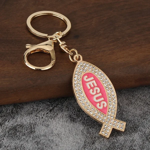 Jesus Keychain Pendant Geometric Metal Keychain Pendant with Full Diamonds and English Letters Fashion Design Key Access