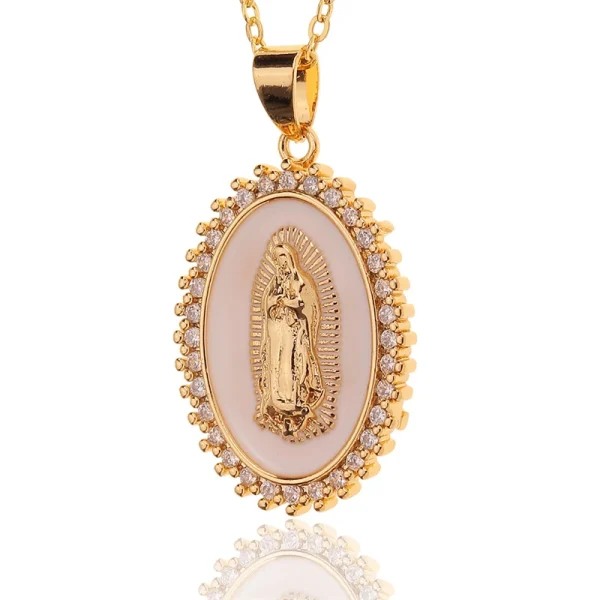 Mecrt Catholic Oval Coin Medallion Necklace 18K Gold Plated CZ Virgin Mary Pendant Cubic Zirconia Our Lady of Guadalupe