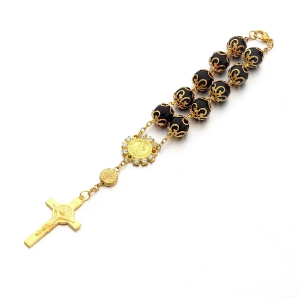 Crystal Wholesale 10mm Imitation Pearl Beaded Zinc Alloy Catholic Unisex Virgin Mary Rosary Bracelets with Crucifix