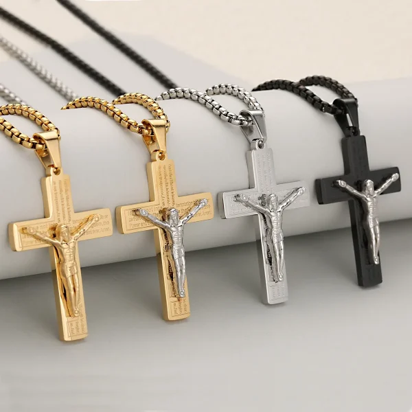 Men’s High-End Fashion Crucifix Pendant Jesus Cross Hot Sale Hip-Hop Style Gold Plated Stainless Steel Link